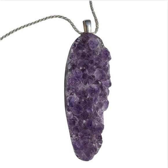 Amethyst Druzy Crystal Pendant Necklace Sterling Silver Chain - New Old Stock - Picture 1 of 7